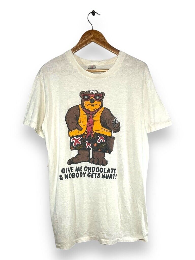 Vintage 90s Bear Chocolate Gun Humour Graphic T-Shirt Size Large Made in Canada