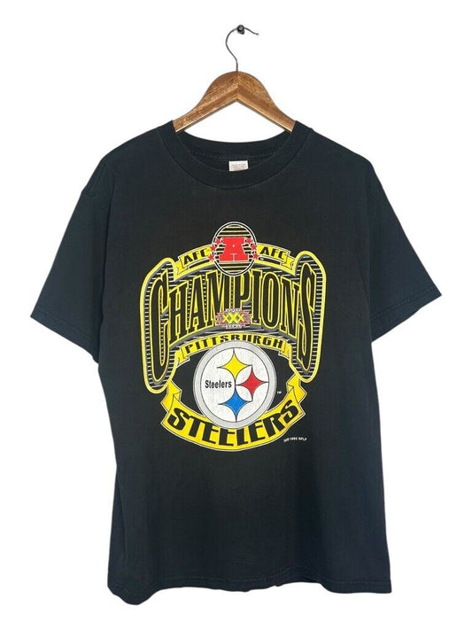 Vtg 1995 Pittsburgh Steelers NFL AFC Champs Spellout Graphic T-Shirt Sz Large