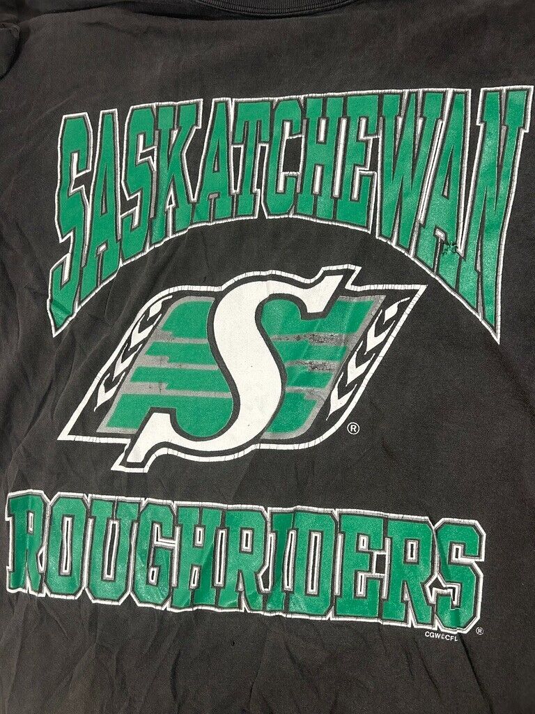 Vintage 90s Saskatchewan Roughriders CFL Logo Graphic Spellout T-Shirt Sz Large