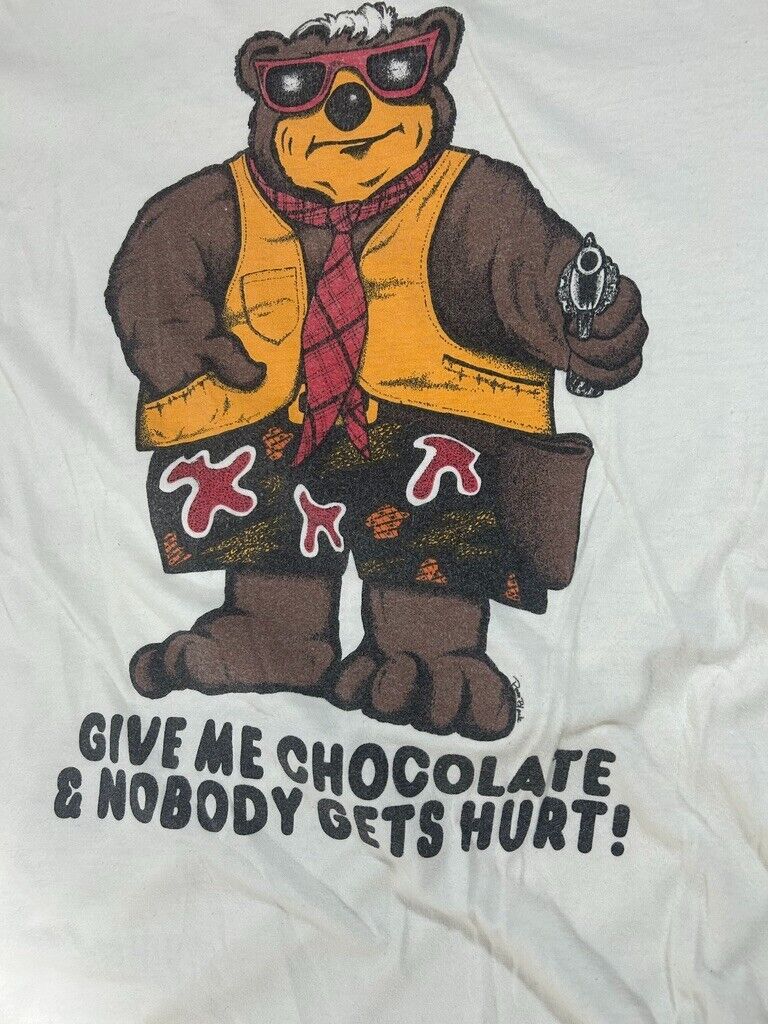 Vintage 90s Bear Chocolate Gun Humour Graphic T-Shirt Size Large Made in Canada